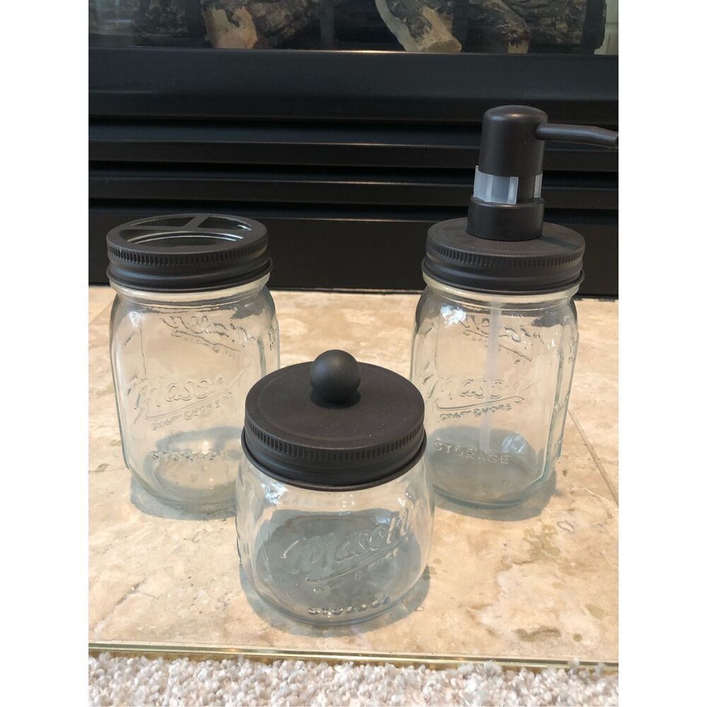 Country Primitive Mason Ball Jar 3 Piece Bathroom Accessory Set NWOT
